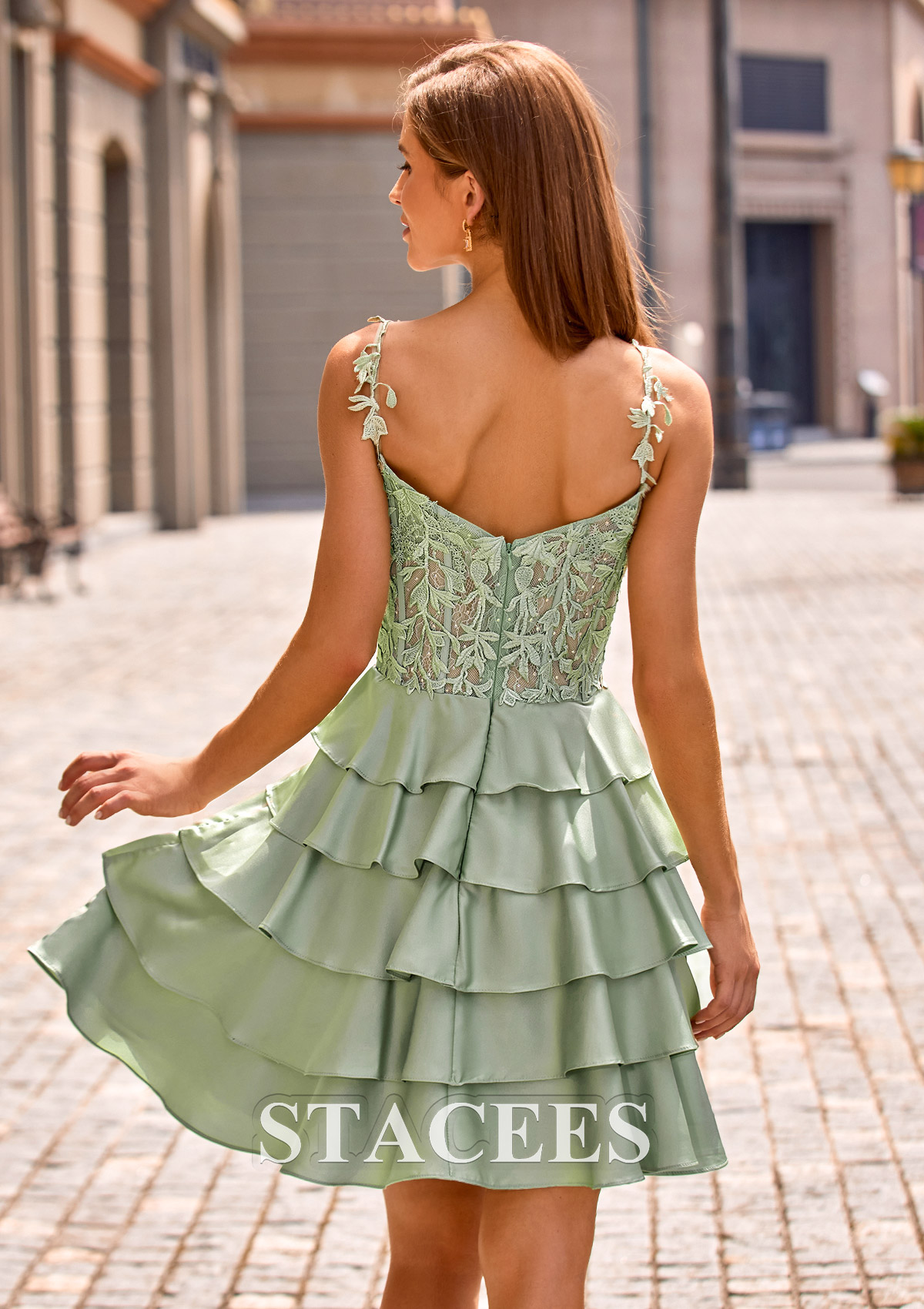 Dusty Sage A-line V Neck Stretch Satin Short/Mini Homecoming Dress with Appliqued Beading Ruffles