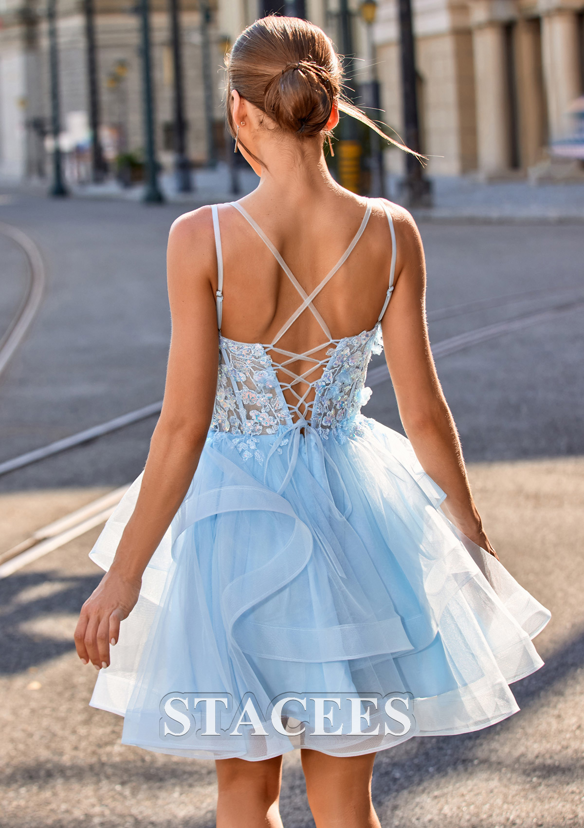 Sky Blue A-line V Neck Short/Mini Tulle Homecoming Dress with Appliqued Flowers Sequins - STACEES