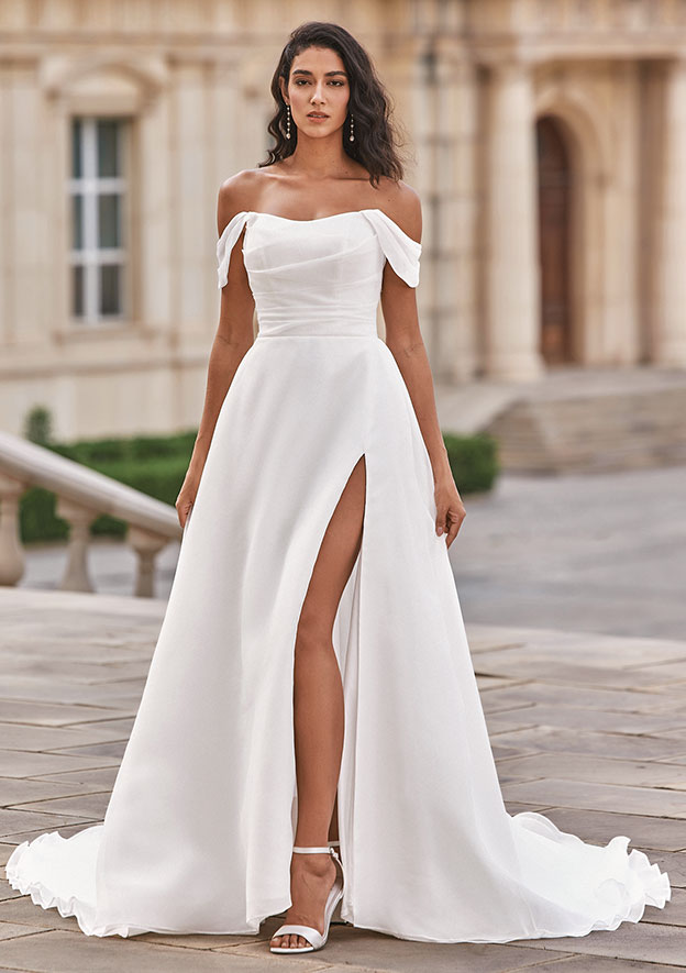 off shoulder organza dress Romantic Organza A-Line Wedding Dress with Off-the-Shoulder Straps