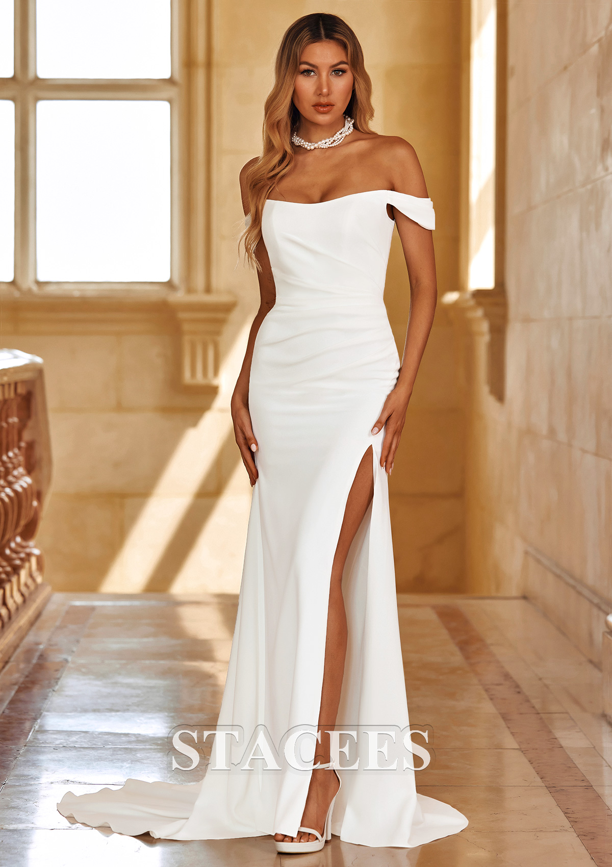 a line sheath wedding dress Sheath/Column Off-the-Shoulder Sweep Train Wedding Dress Satin with Pleated  Split S3036W - Wedding Dresses