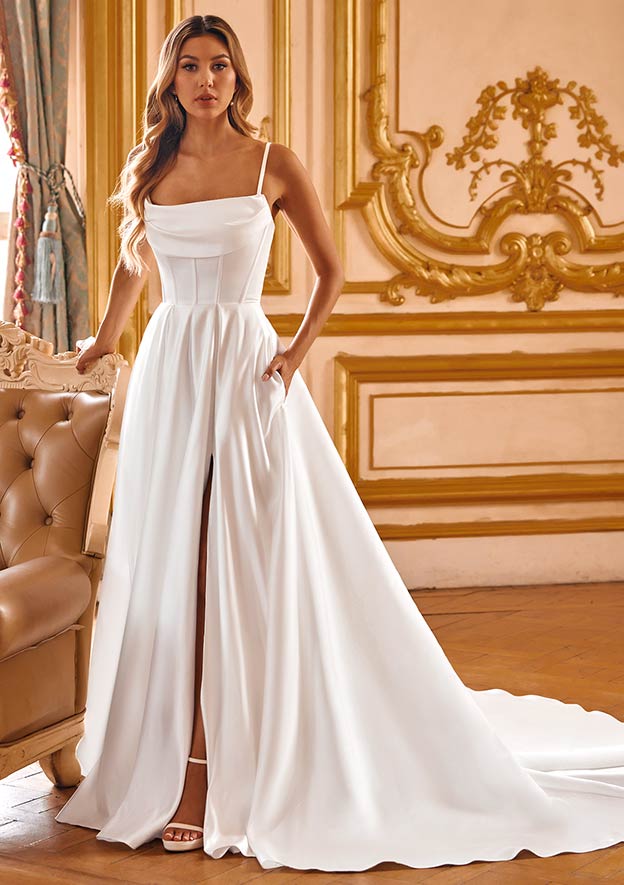 A-line Cowl Neck Satin Chapel Train Wedding Dress with Bowknot Pleated Pockets Split