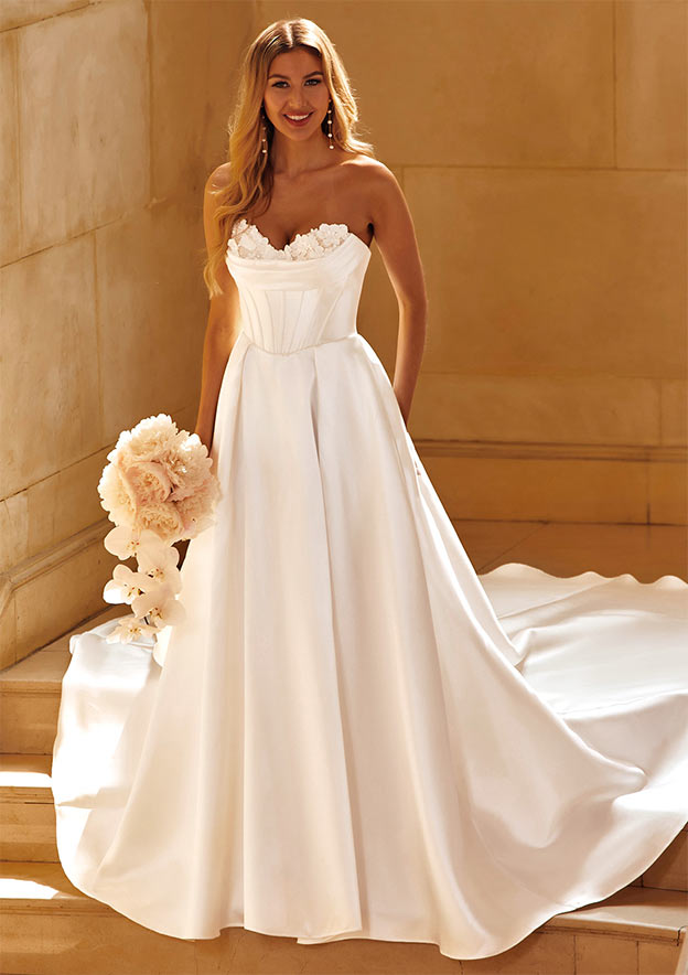 Romantic A-line Cowl Neck Chapel Train Mikado Wedding Dress with Beading Flowers Pleated