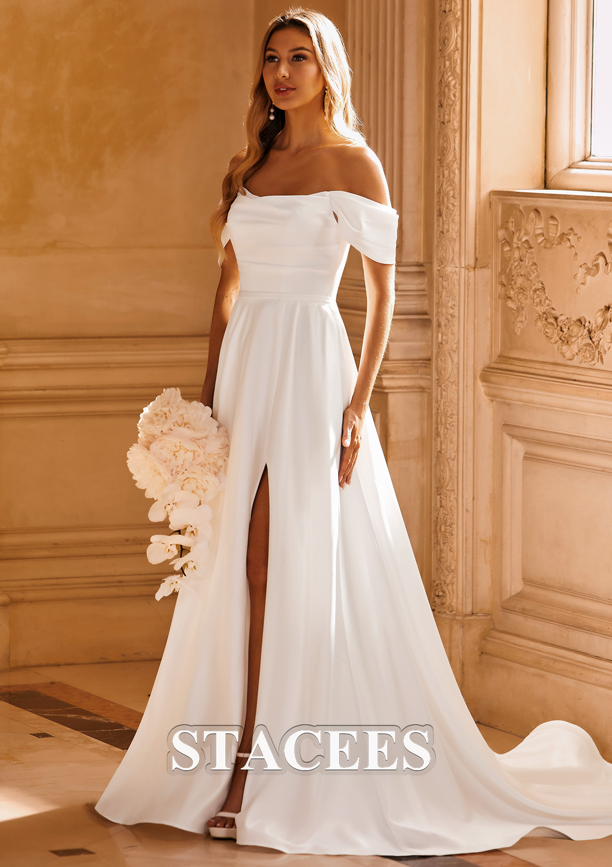 a line princess off the shoulder wedding dress Princess A-Line Pearl Organza Wedding Dress with Off-Shoulder Draped Sleeves, Slit Skirt & Chapel Train