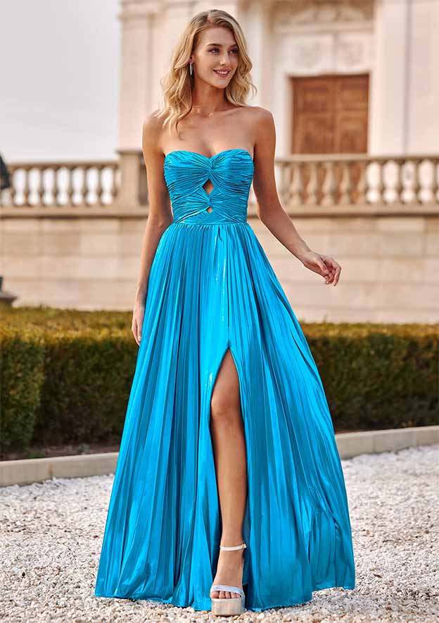 A-line Strapless Metallic Pleated Slit Floor-Length Cut Out Prom Dress