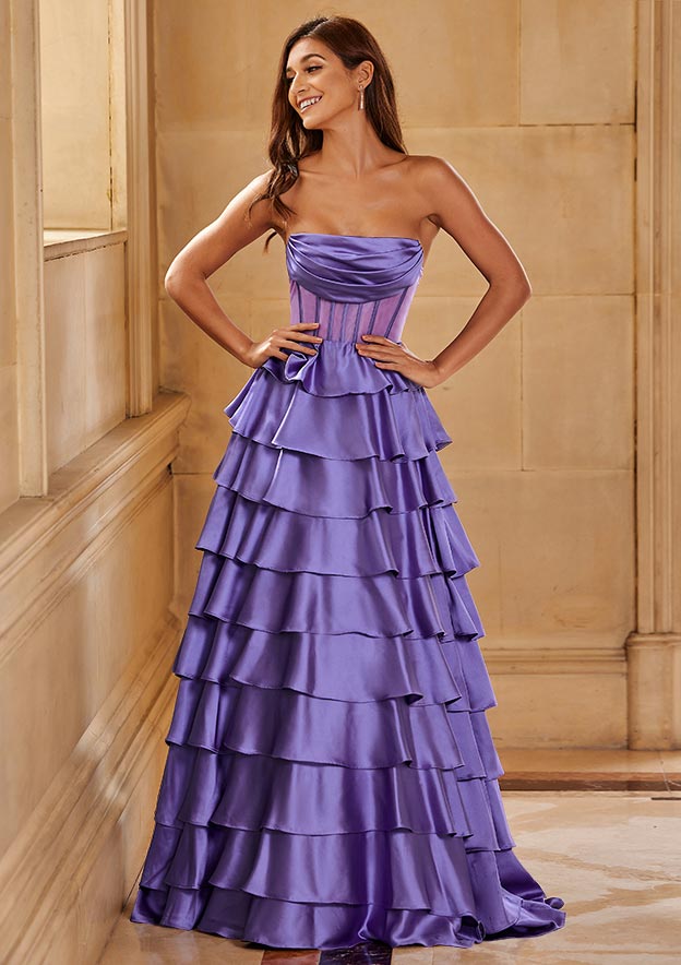 A-line Strapless Cowl Neck Sheer Corset Tiered Prom Dress with Ruffles 