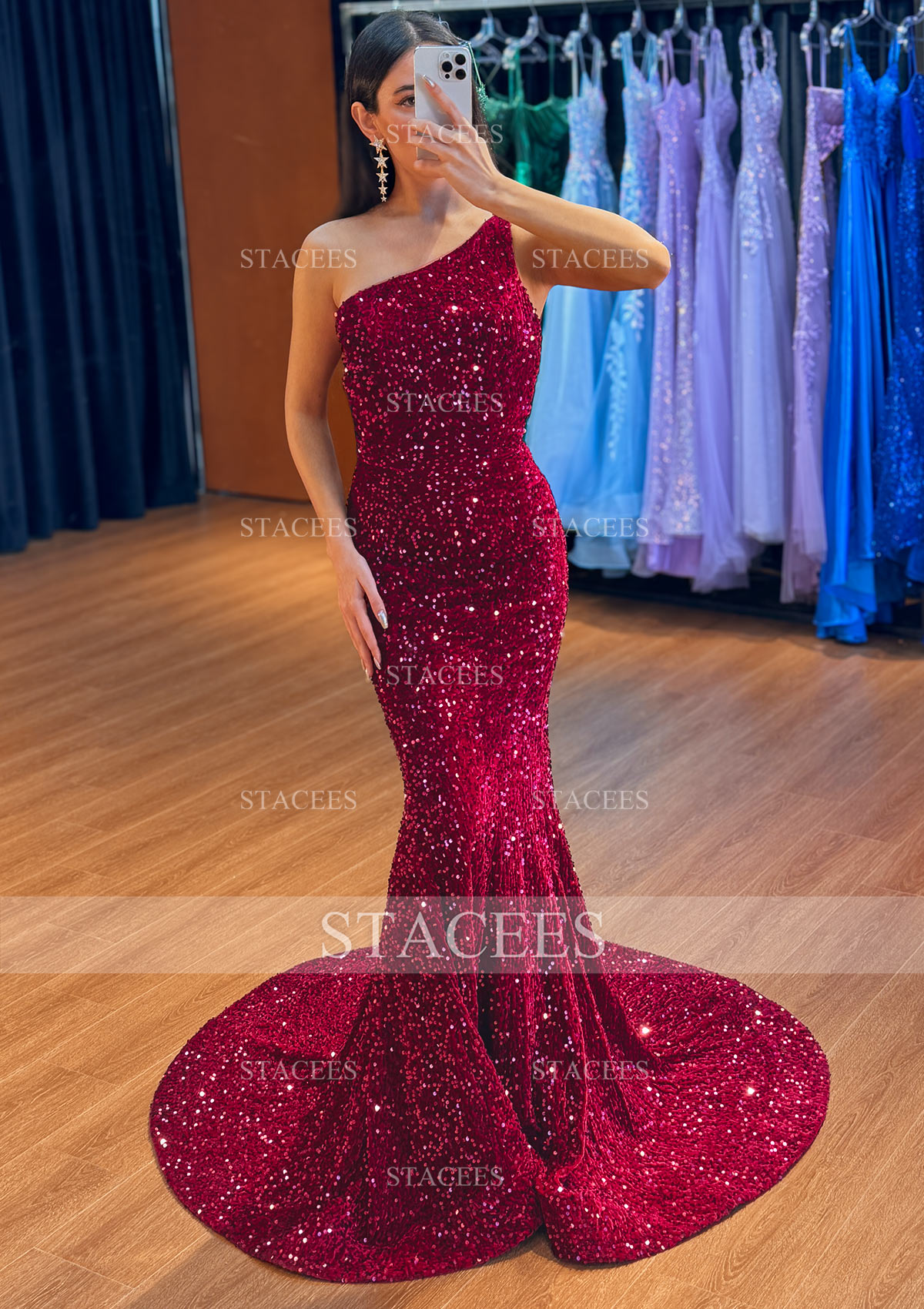 Burgundy Trumpet/Mermaid One-Shoulder Sweep Train Velvet Sequins Prom Dress - STACEES