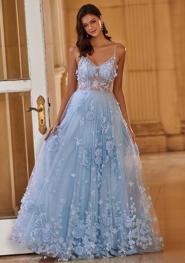 A-line V Neck Tulle Sweep Train Prom Dress with Flowers Sequins Glitter