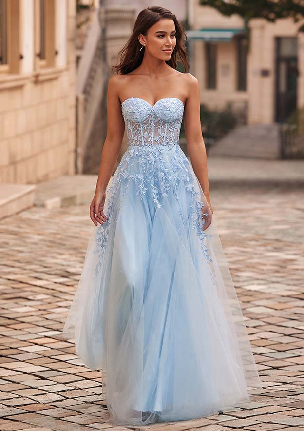 A-line Strapless Corset Tulle Floor-Length Prom Dress with Leaf Lace