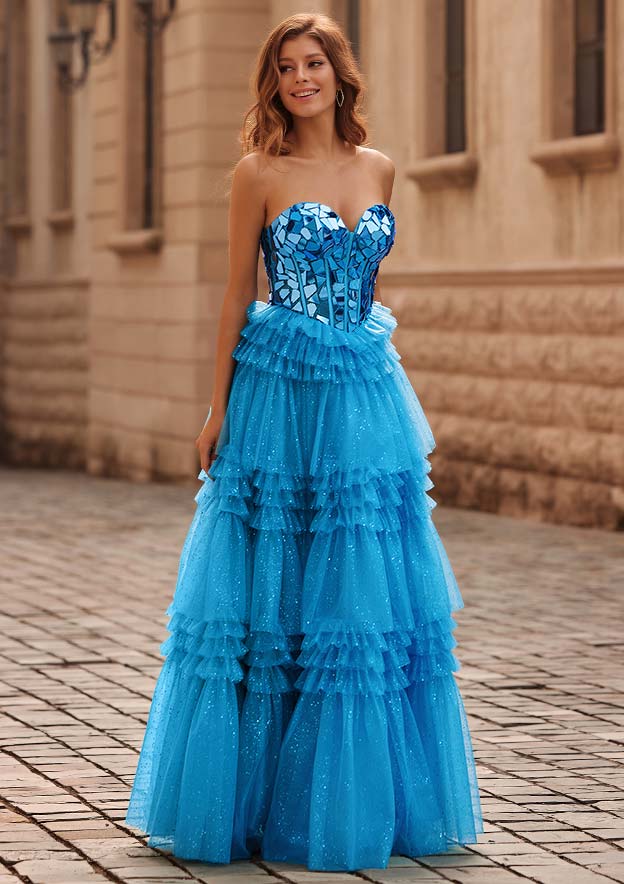 A-line Princess Sweetheart Tulle Floor-Length Prom Dress with Ruffles Sequins Glitter