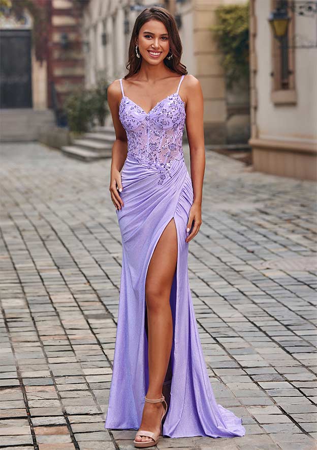 Trumpet/Mermaid V Neck Jersey Sweep Train Prom Dress with Beading Pleated Sequins Split Glitter