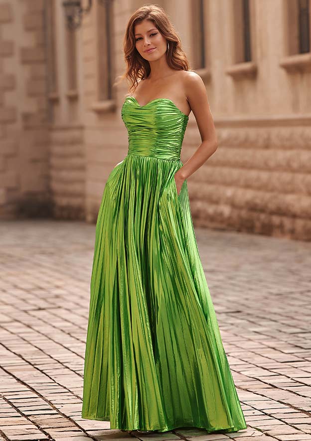 A-line Sweetheart Metallic Floor-Length Prom Dress with Pleated Pockets Split