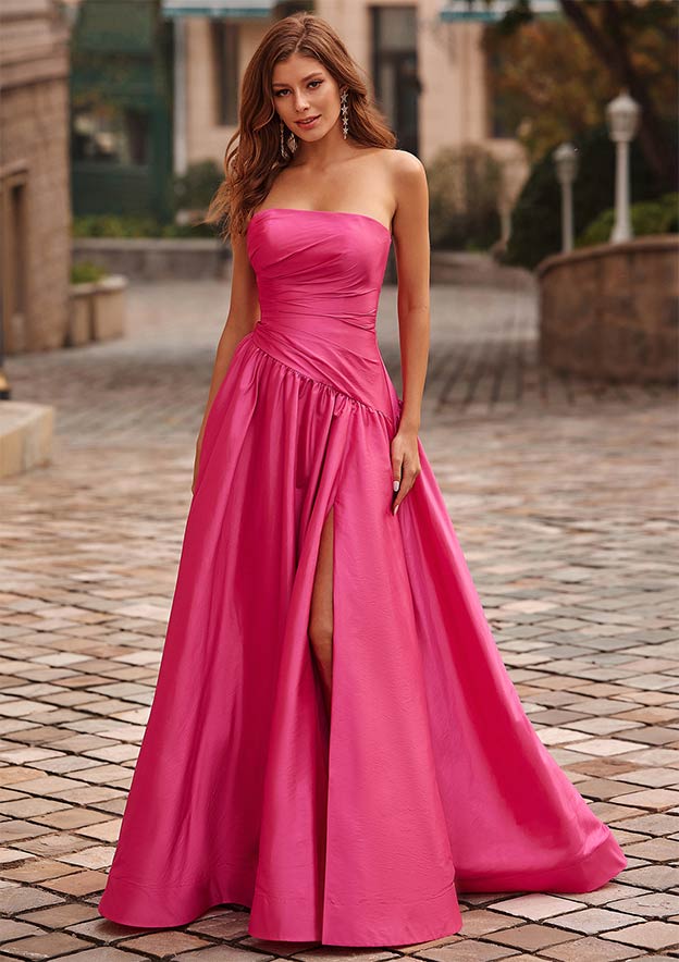 pink taffeta prom dress A-line Strapless Tiered Ruffle Taffeta Backless Prom Dress with Slit S8939P - Prom Dresses