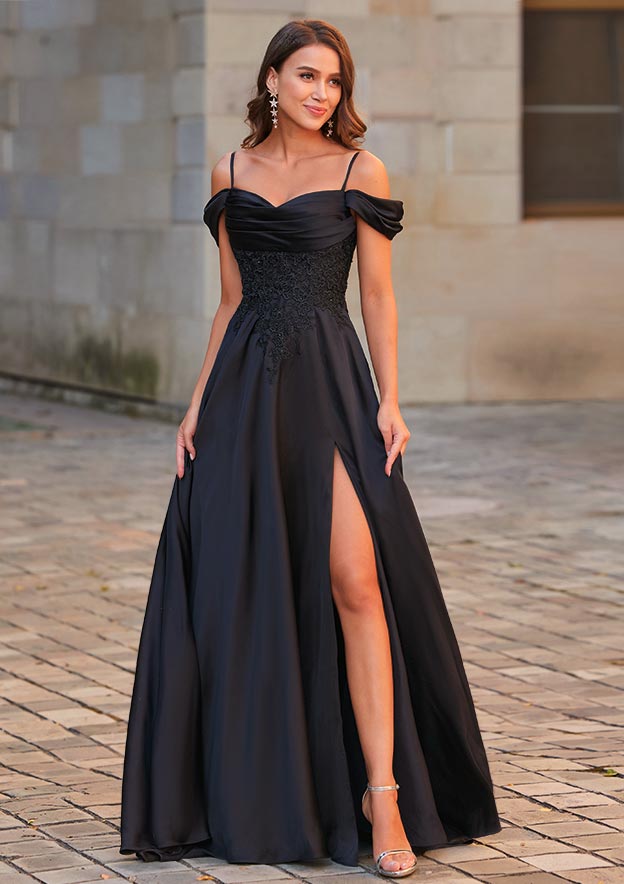 A-line Off-the-Shoulder Slit Sweep Train Prom Dress with Appliques Lace