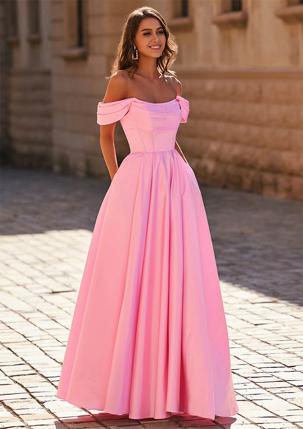 floor length pink dress Clarisse 810237 Light Prom or no bra A-line Off-the-Shoulder Satin Floor-Length Prom