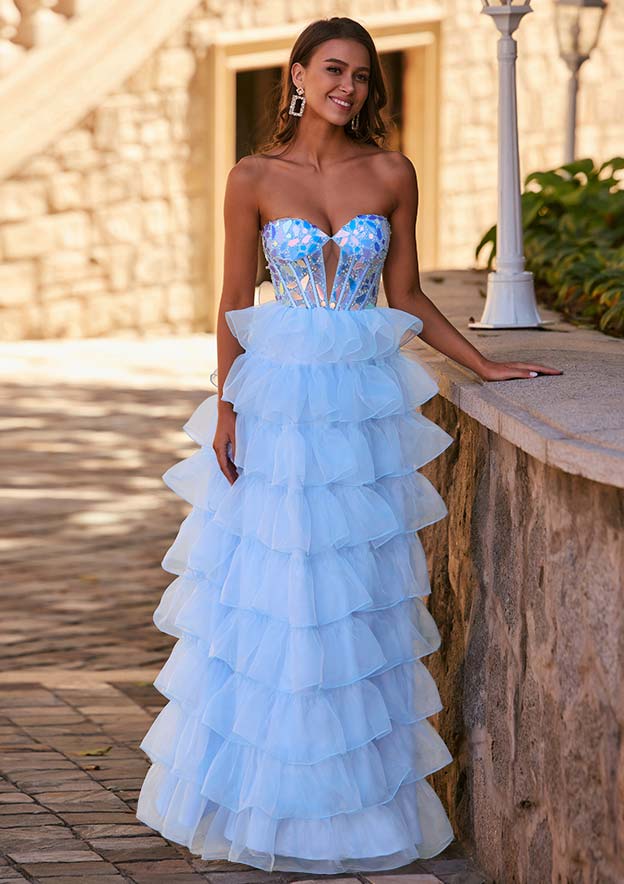 mirror beaded prom dress Sparkly A-line Strapless Keyhole Tiered Corset Sequins 10/42 Blazer Bust Size:42 Emma in blue is Strapless sweetheart neckline with