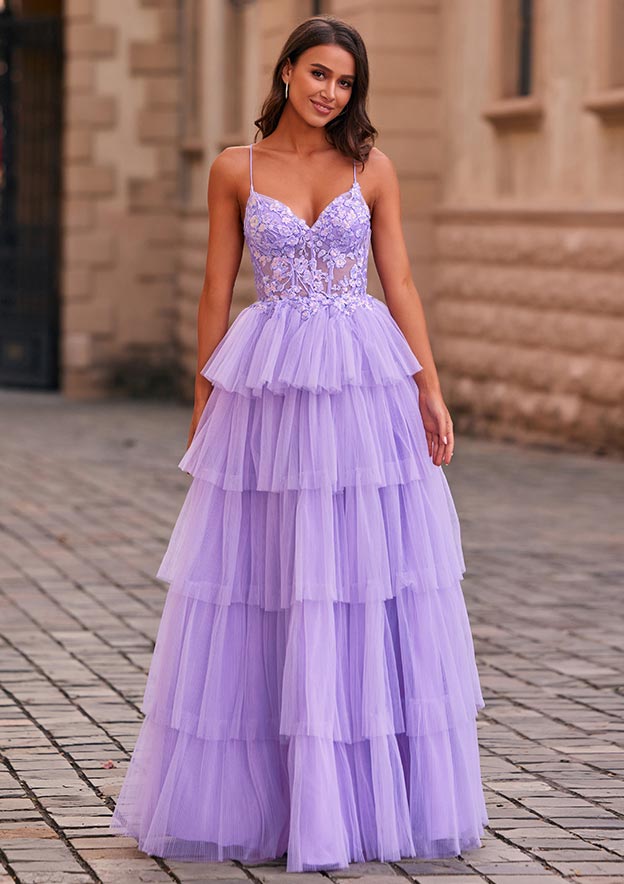 A-line V Neck Tulle Floor-Length Prom Dress with Appliqued Ruffles Sequins