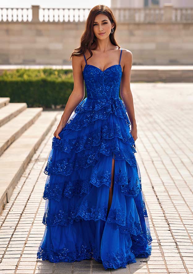 A-line Sweep Train Corset Floral Tiered Slit Prom Dress with Ruffles