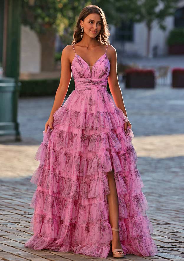 A-line V Neck Tulle Sweep Train with Pleated Ruffles Split Floral Print
