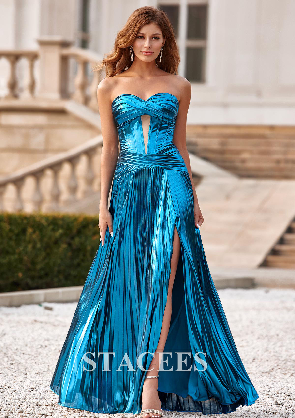 metallic slit dress Stacees 2026 A-line Strapless Corset Metallic Slit Floor-Length Prom Dress with Pleats