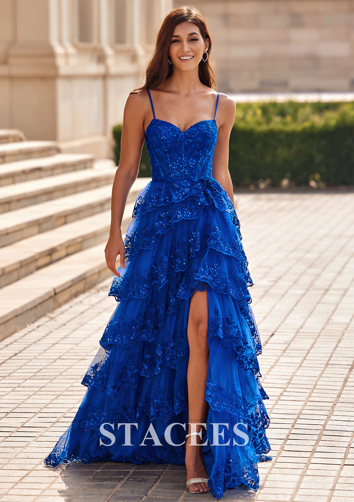Ocean Blue A-line Sweep Train Corset Floral Tiered Slit Prom Dress with Ruffles