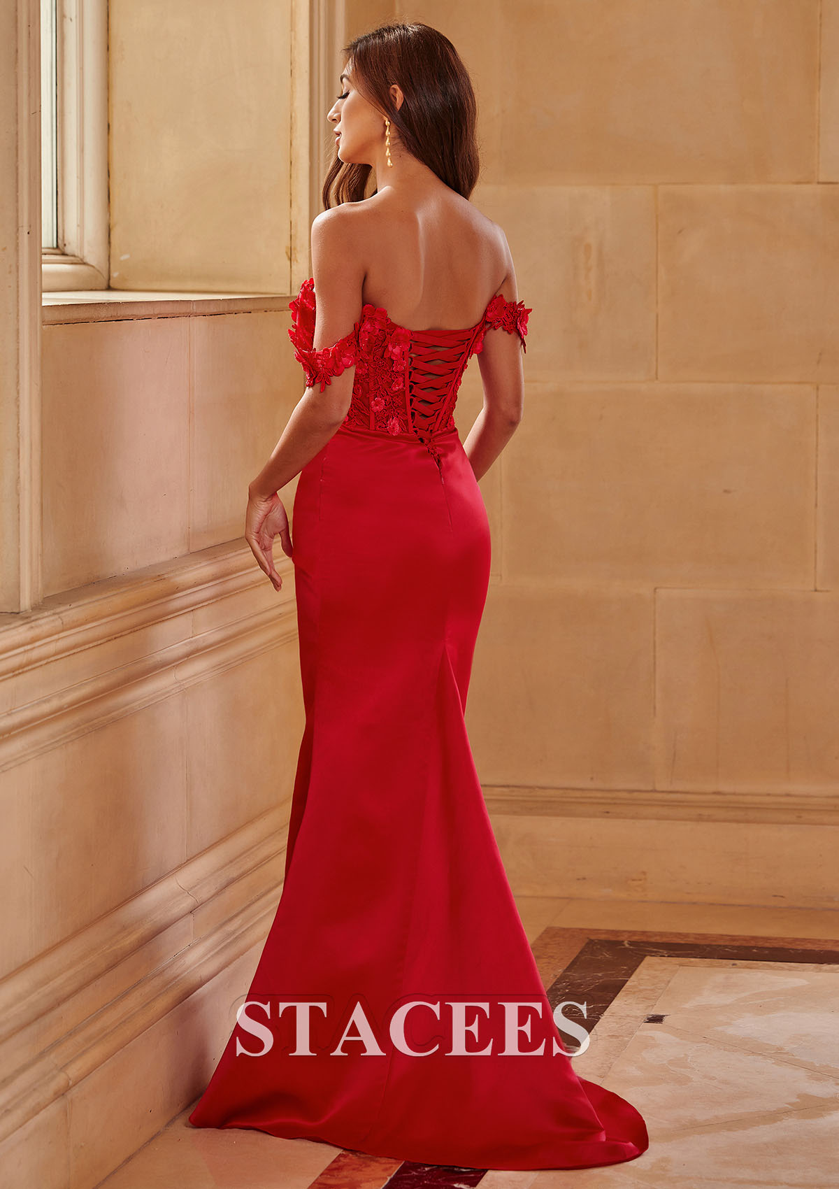 Red Trumpet/Mermaid Off-the-Shoulder Satin Sweep Train Prom Dress with Appliqued Beading Flowers Pleated Split - STACEES