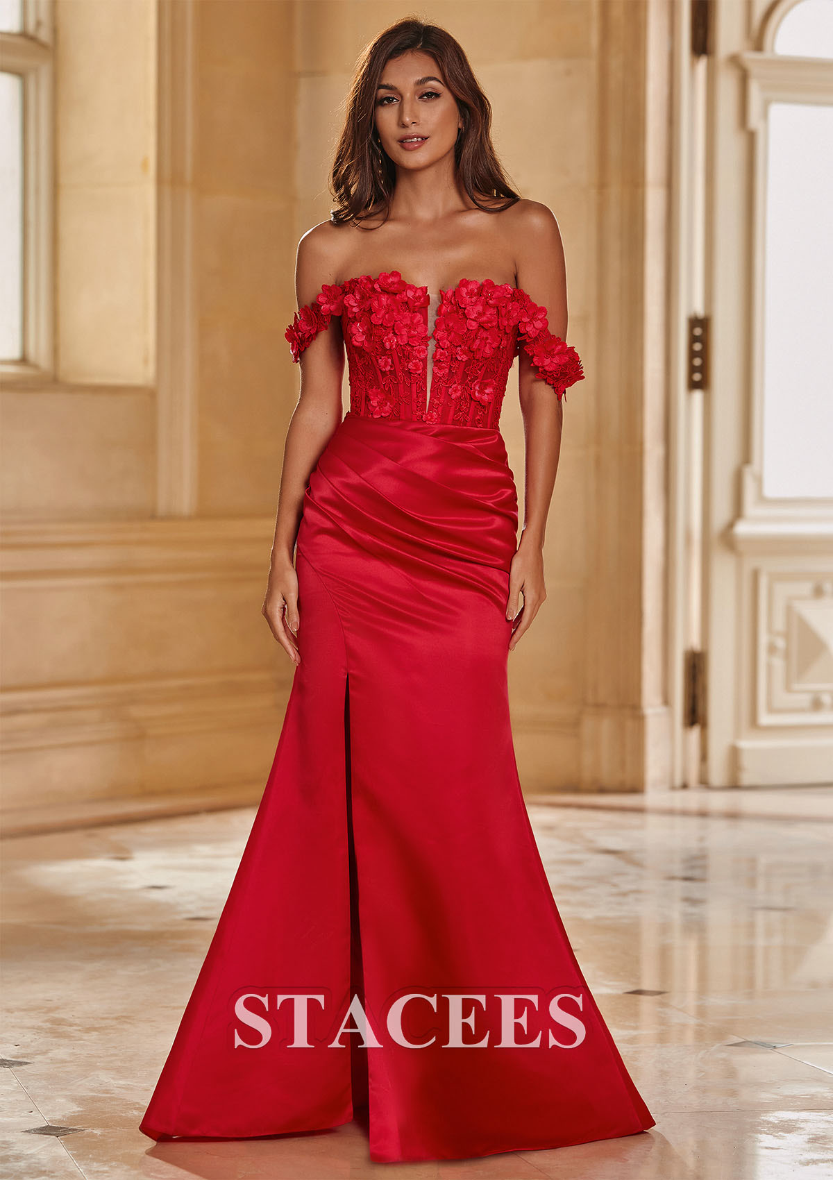 Red Trumpet/Mermaid Off-the-Shoulder Satin Sweep Train Prom Dress with Appliqued Beading Flowers Pleated Split - STACEES