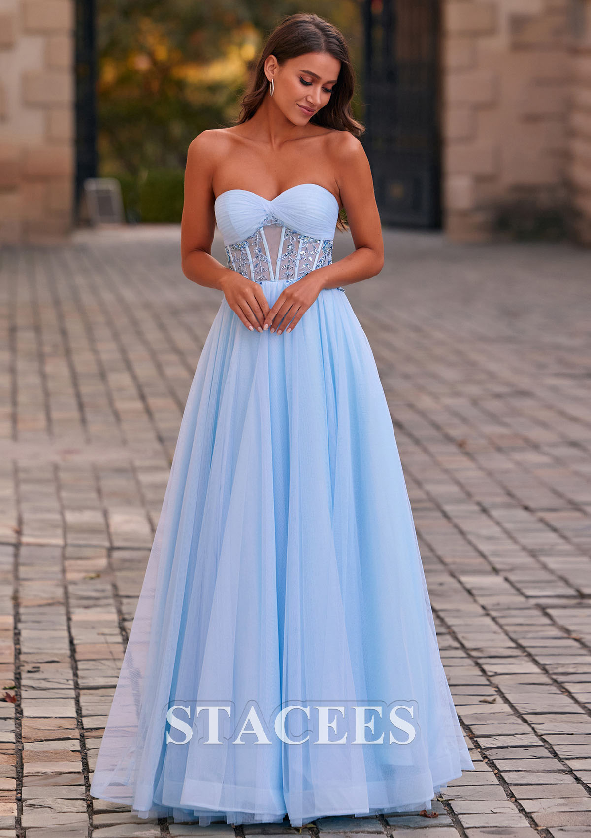 Sky Blue Vestido línea a cuello de corazón tul hasta el suelo vestido de graduación - STACEES
