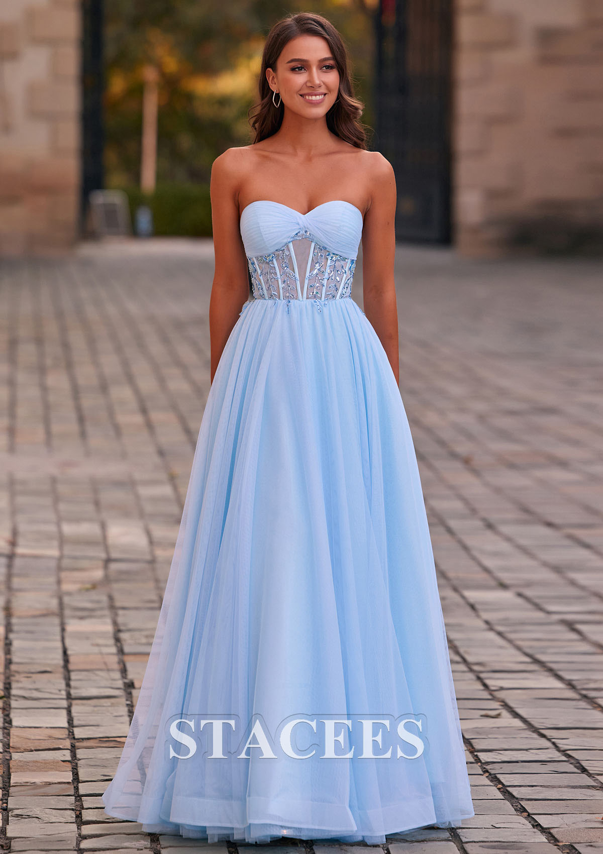 Sky Blue Vestido línea a cuello de corazón tul hasta el suelo vestido de graduación - STACEES