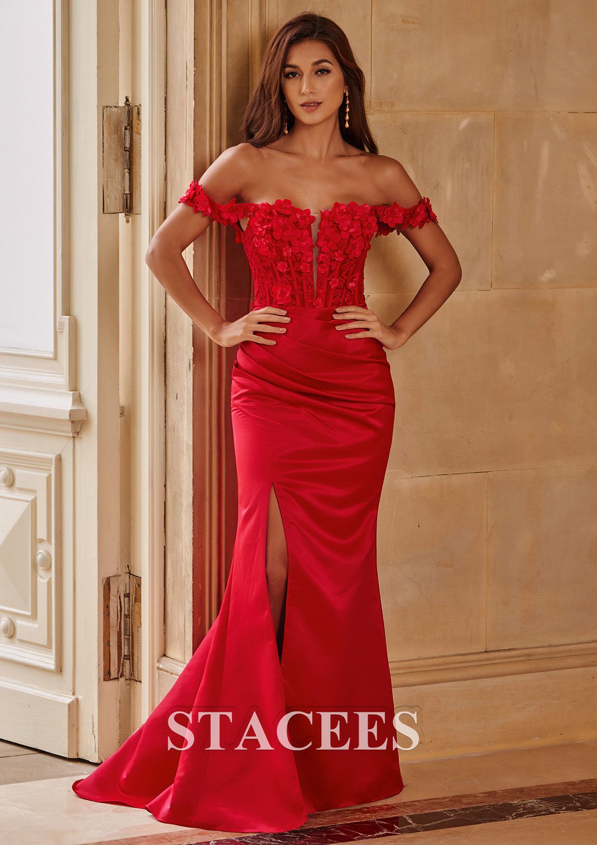 Red Trumpet/Mermaid Off-the-Shoulder Satin Sweep Train Prom Dress with Appliqued Beading Flowers Pleated Split - STACEES