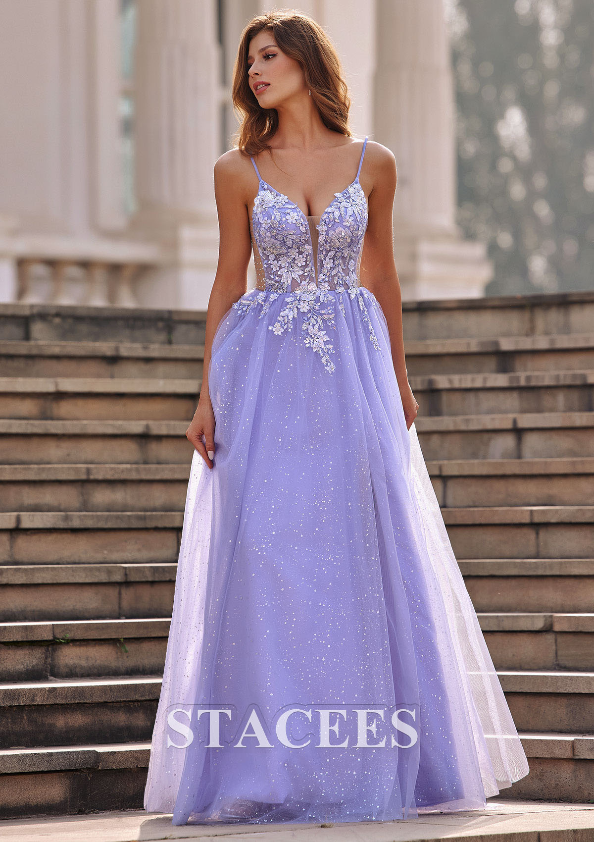 Lavender A-line V Neck Tulle Sweep Train Prom Dress with Appliqued Beading Flowers Sequins Split Glitter