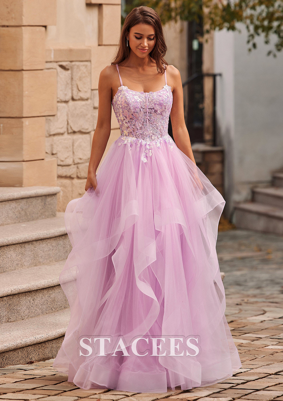 Lilac A-line Scoop Neck Tulle Floor-Length Prom Dress with Appliqued Ruffles Sequins