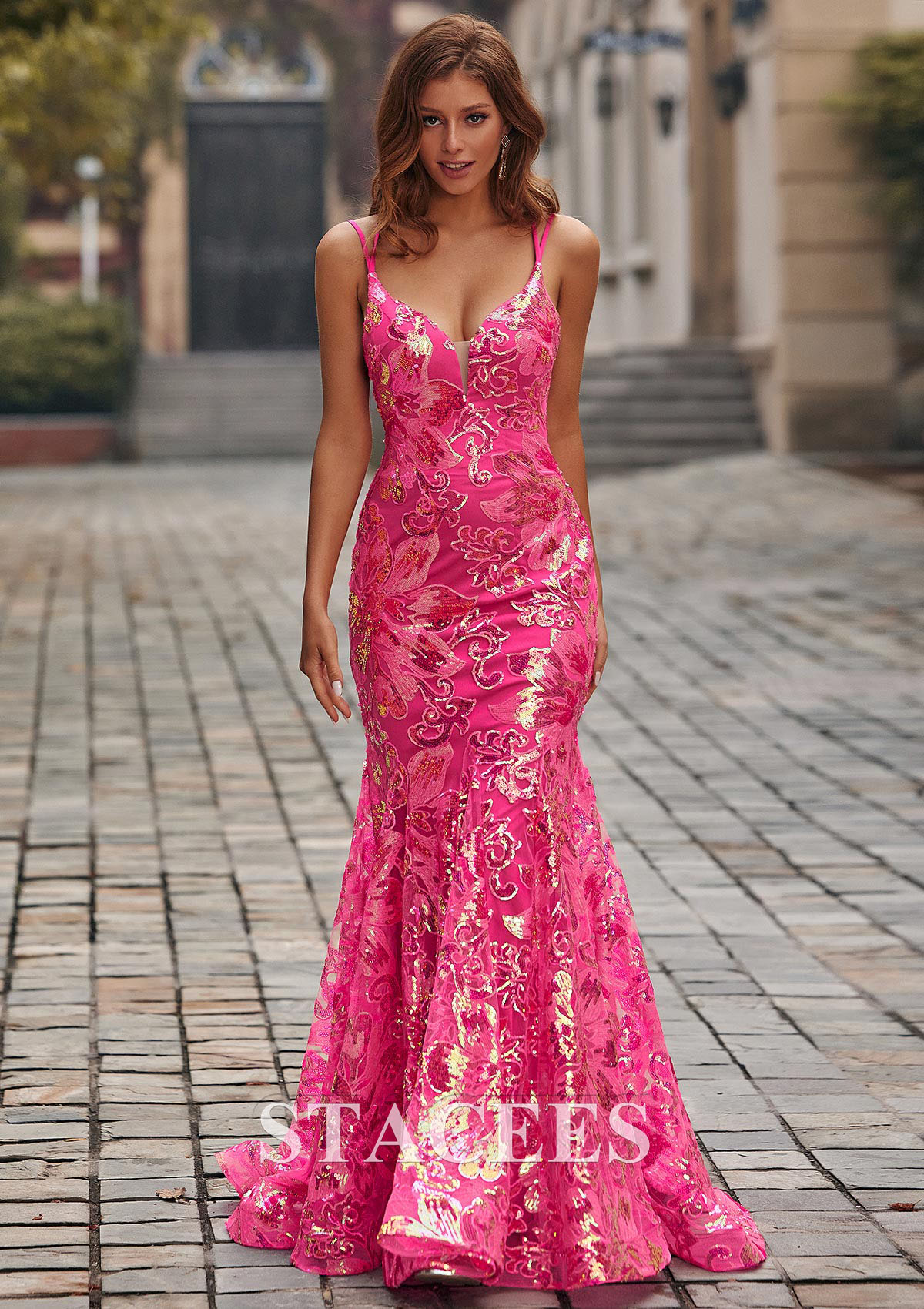 Fuchsia Mermaid Tight Plunging V-Neck Floral Sequins Sweep Train Prom Dress - STACEES