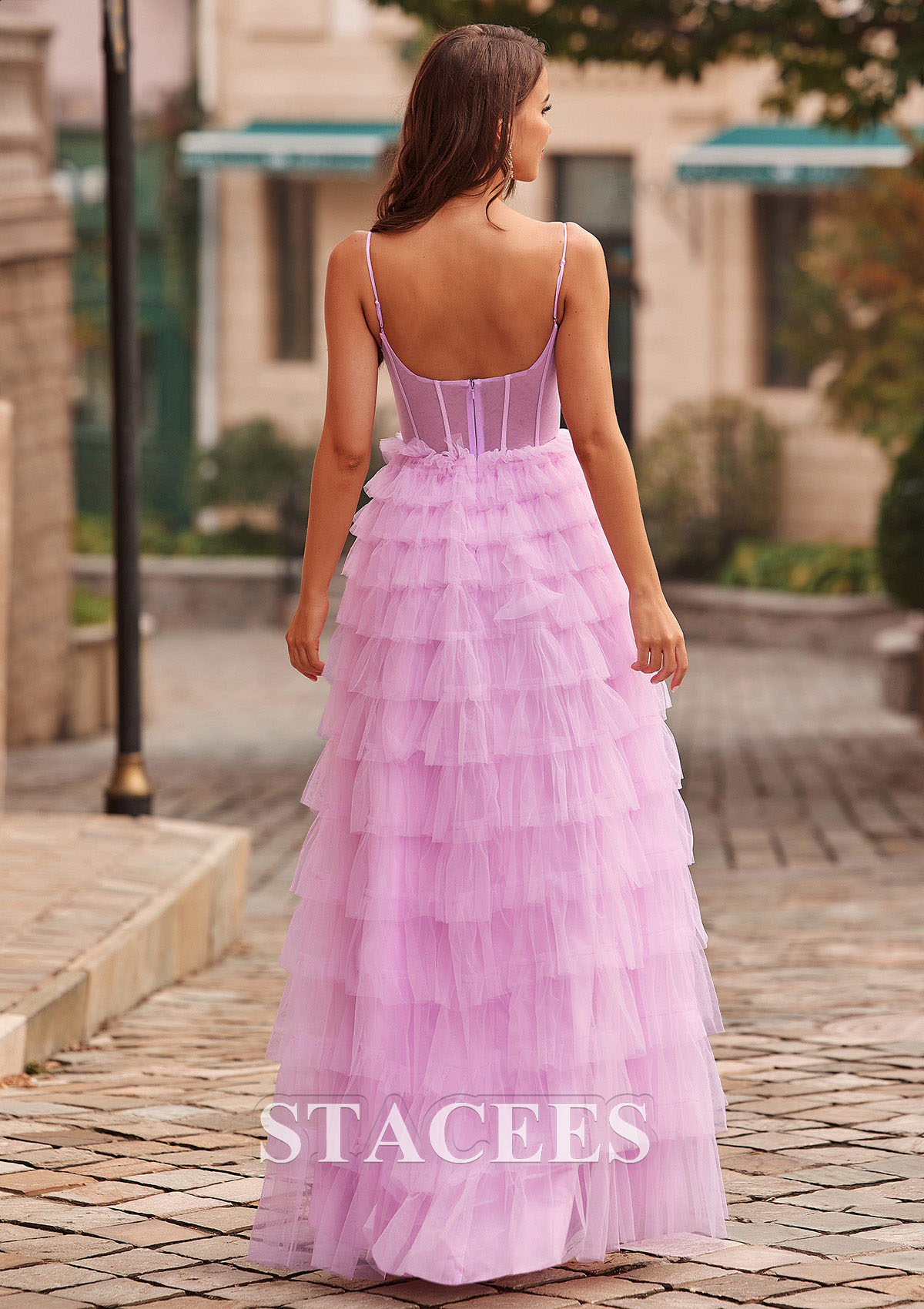 Lilac A-line V Neck Illusion Corset Ruffled Prom Dress with Slit - STACEES