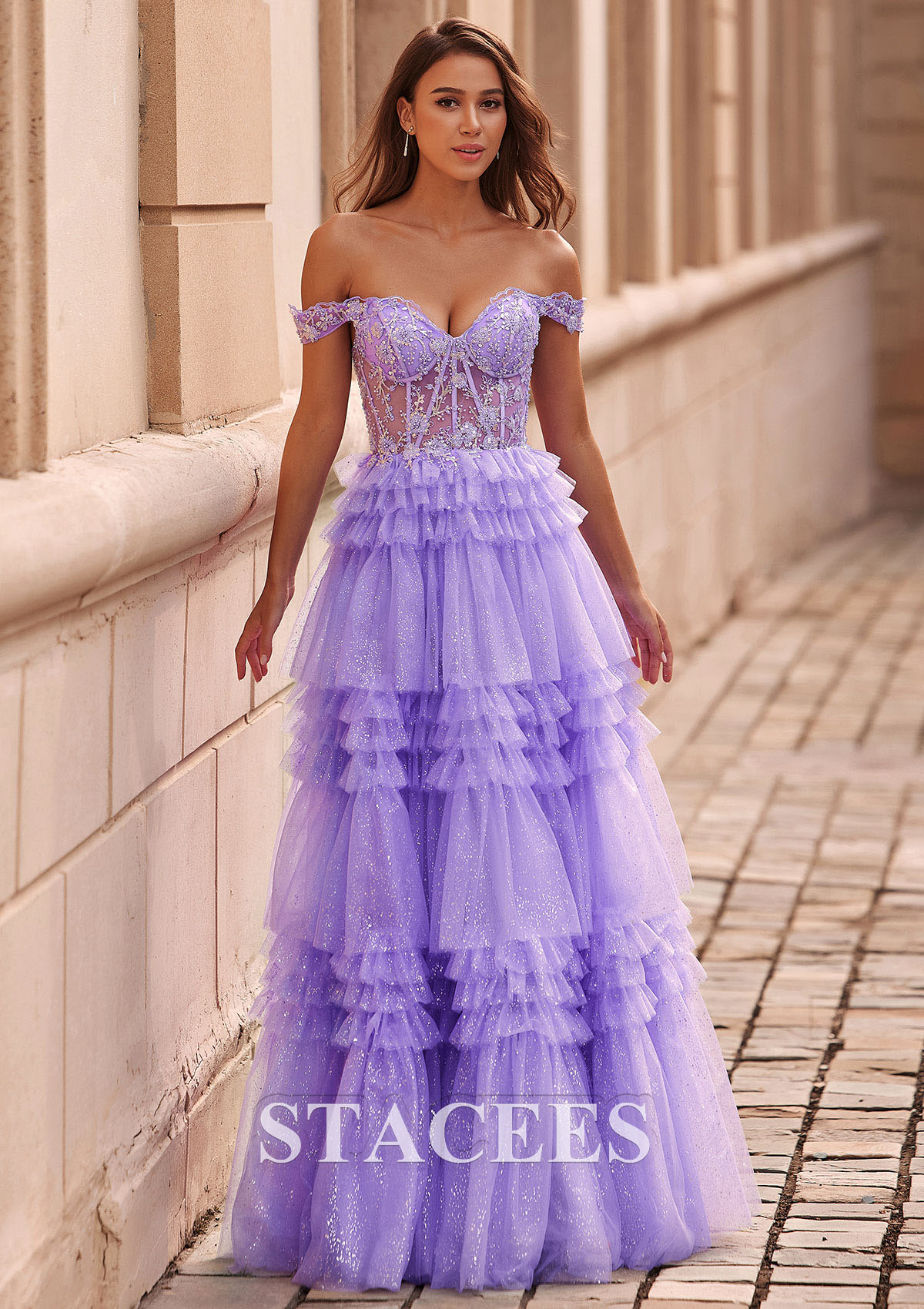 Lilac A-line Applique Off-the-Shoulder Corset Ruffle Tiered Glitter Tulle Prom Dress