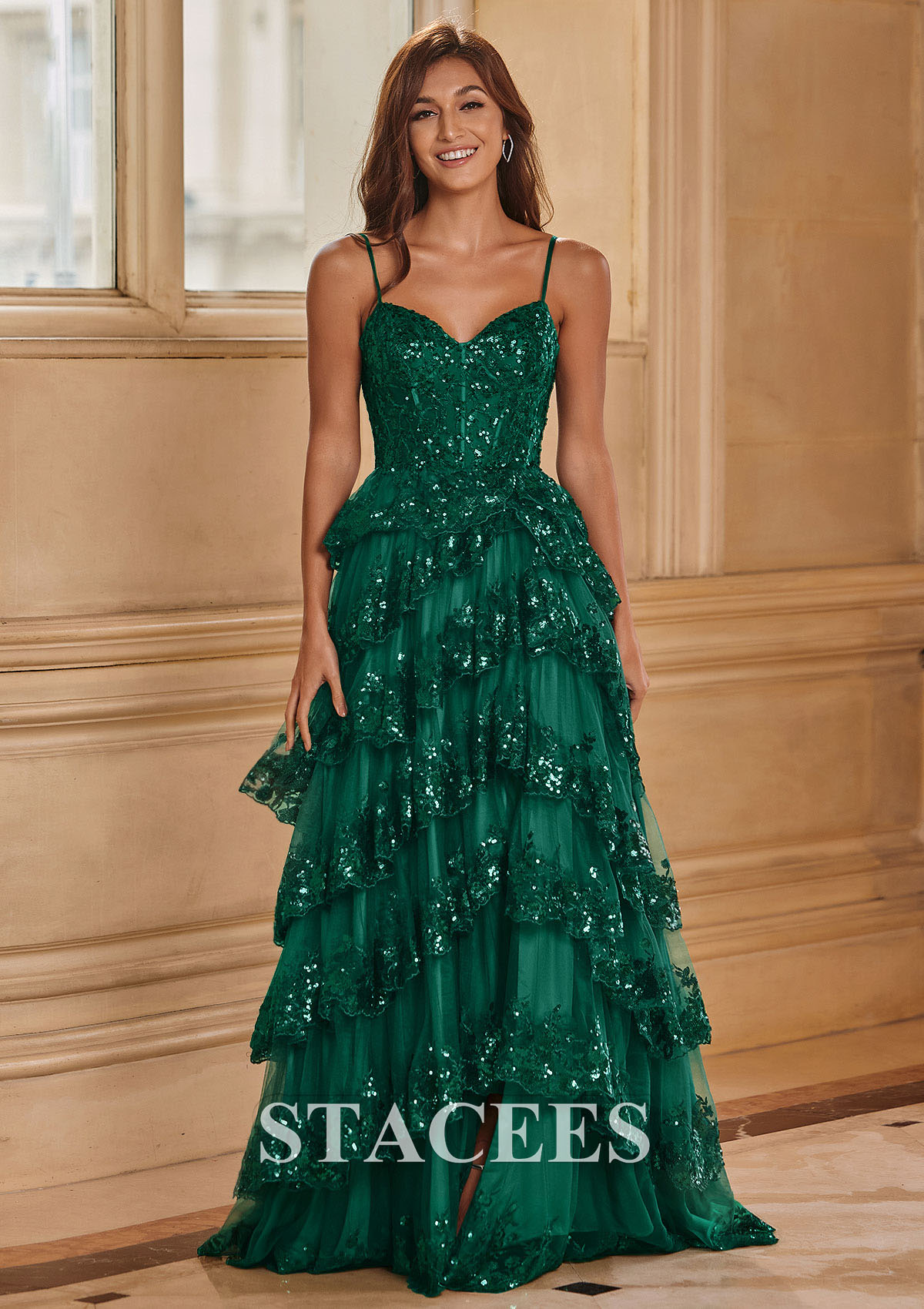 green tiered prom dress WEDTREND Women Sparkly Dark Green Prom Dress Tulle A-Line Corset Spaghetti Straps Sequins Tiered Formal Dress with Appliques, Dark Green / US22W