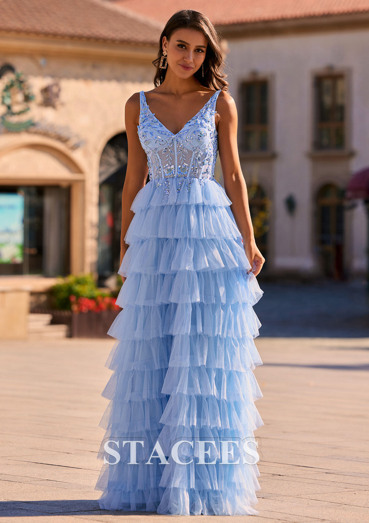 Sky Blue Vestido línea a princesa escote en v tul barrer/cepillo tren vestido de graduación - STACEES