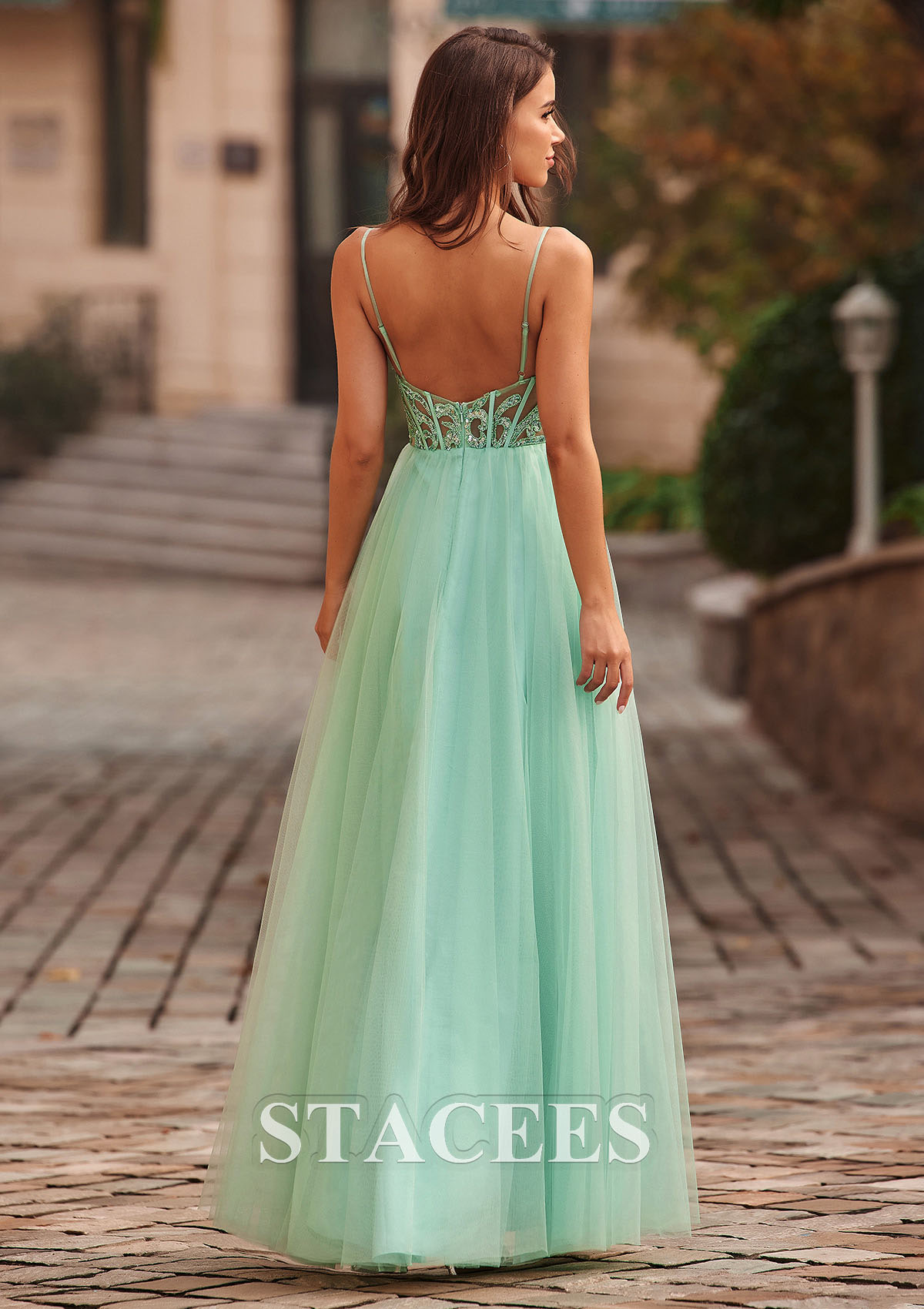 As picture A-line V Neck Tulle Floor-Length Prom Dress with Beading Sequins - STACEES