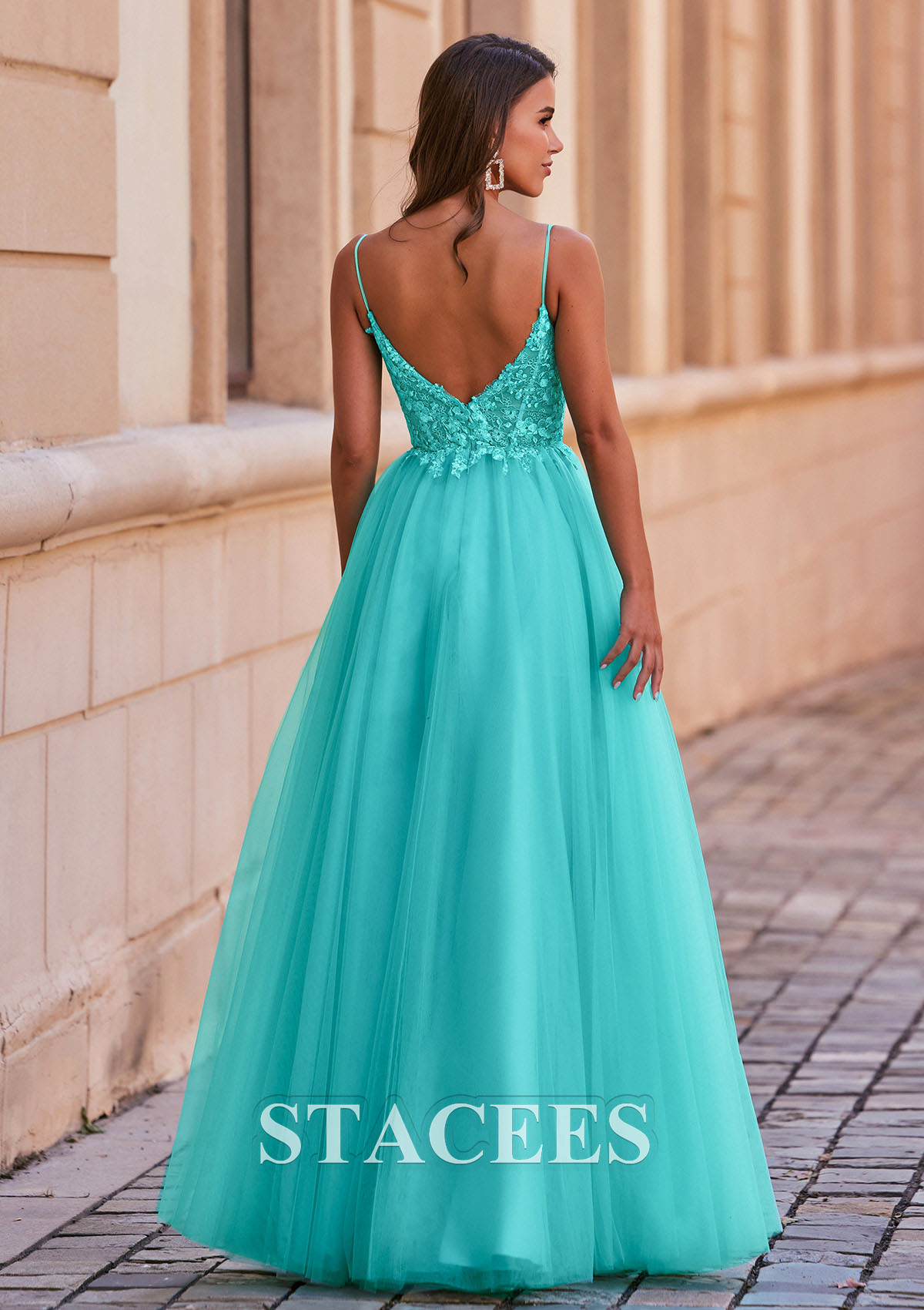 As Picture A-line V Neck Tulle Floor-Length Prom Dress with Appliqued - STACEES