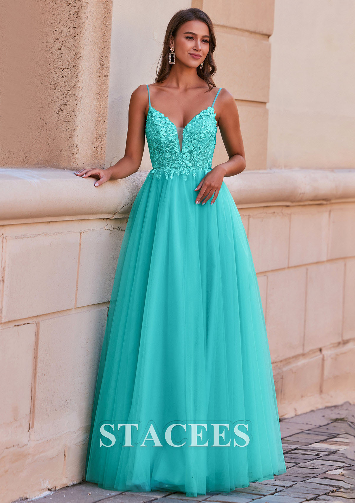 As Picture A-line V Neck Tulle Floor-Length Prom Dress with Appliqued - STACEES
