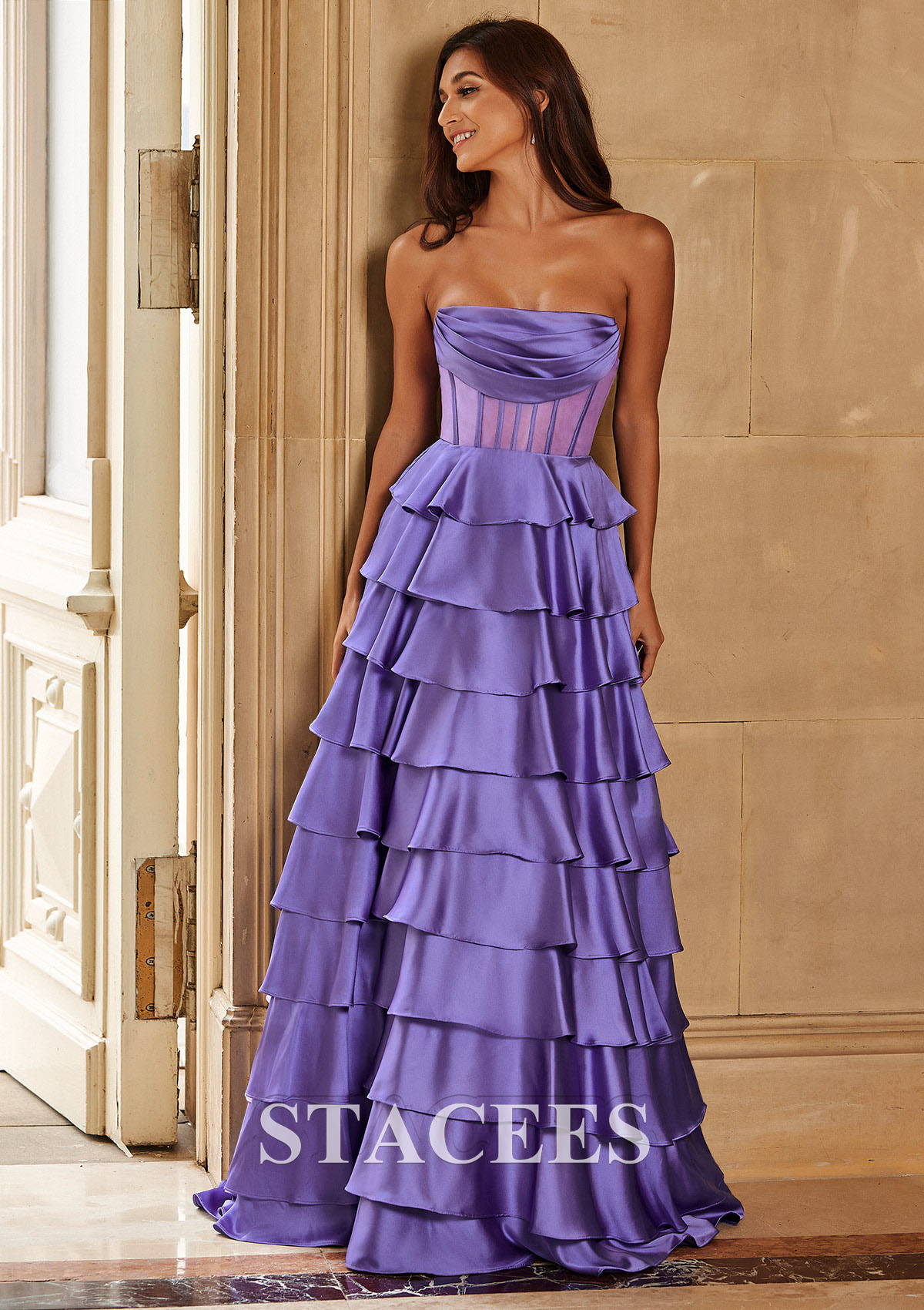 Lavender A-line Strapless Cowl Neck Sheer Corset Tiered Prom Dress with Ruffles 