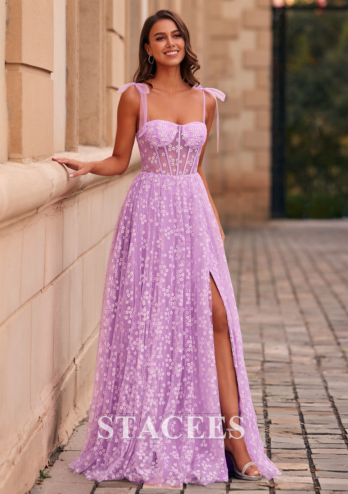 a line floral prom dress Pink Spaghetti Straps A Line Floral Printed Chiffon Long Prom Dress With Bow Pink / 8