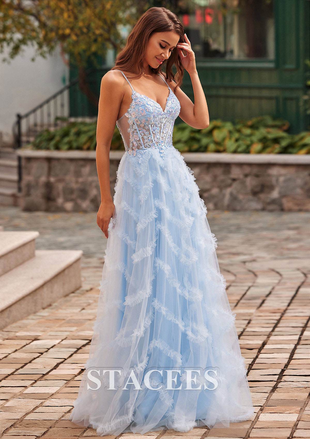 Bleu Ciel Trapèze col en v tulle ras du sol robe de bal avec volants  - STACEES
