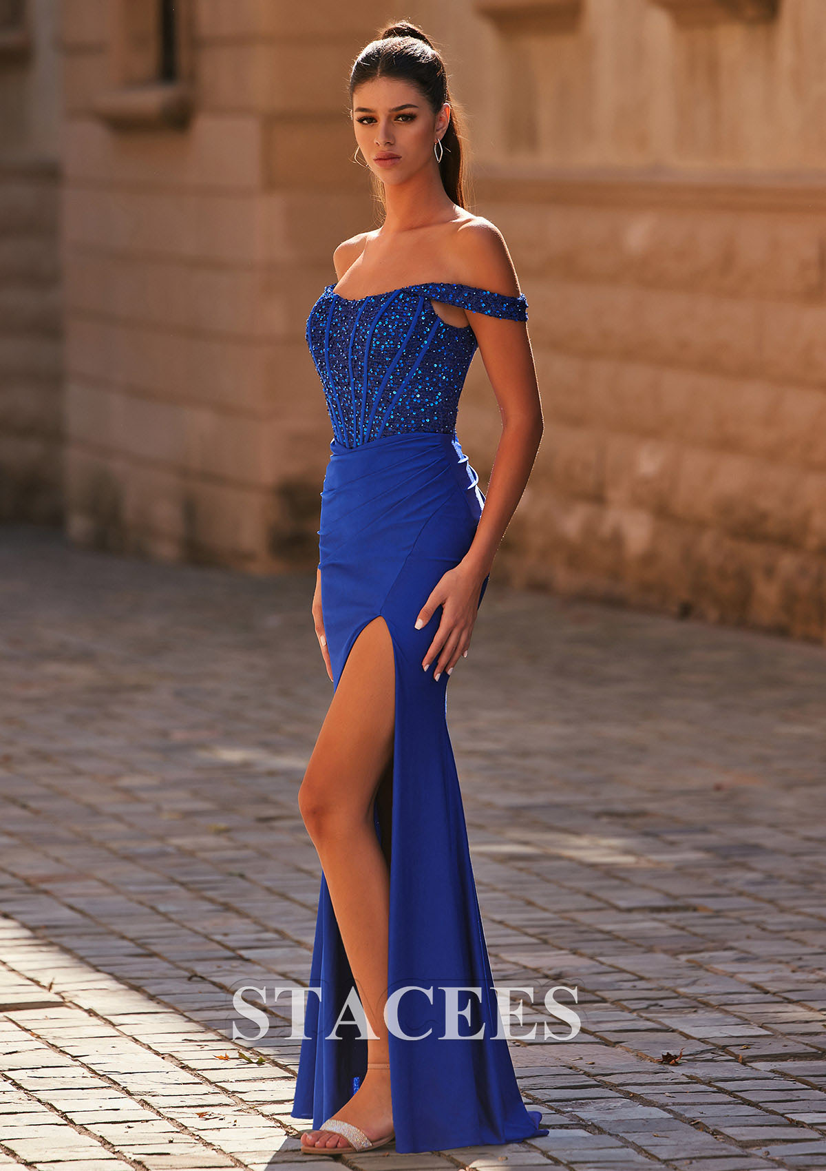 Azul Real Tubo hombros descubiertos jersey barrer/cepillo tren vestido de graduación con lentejuelas - STACEES