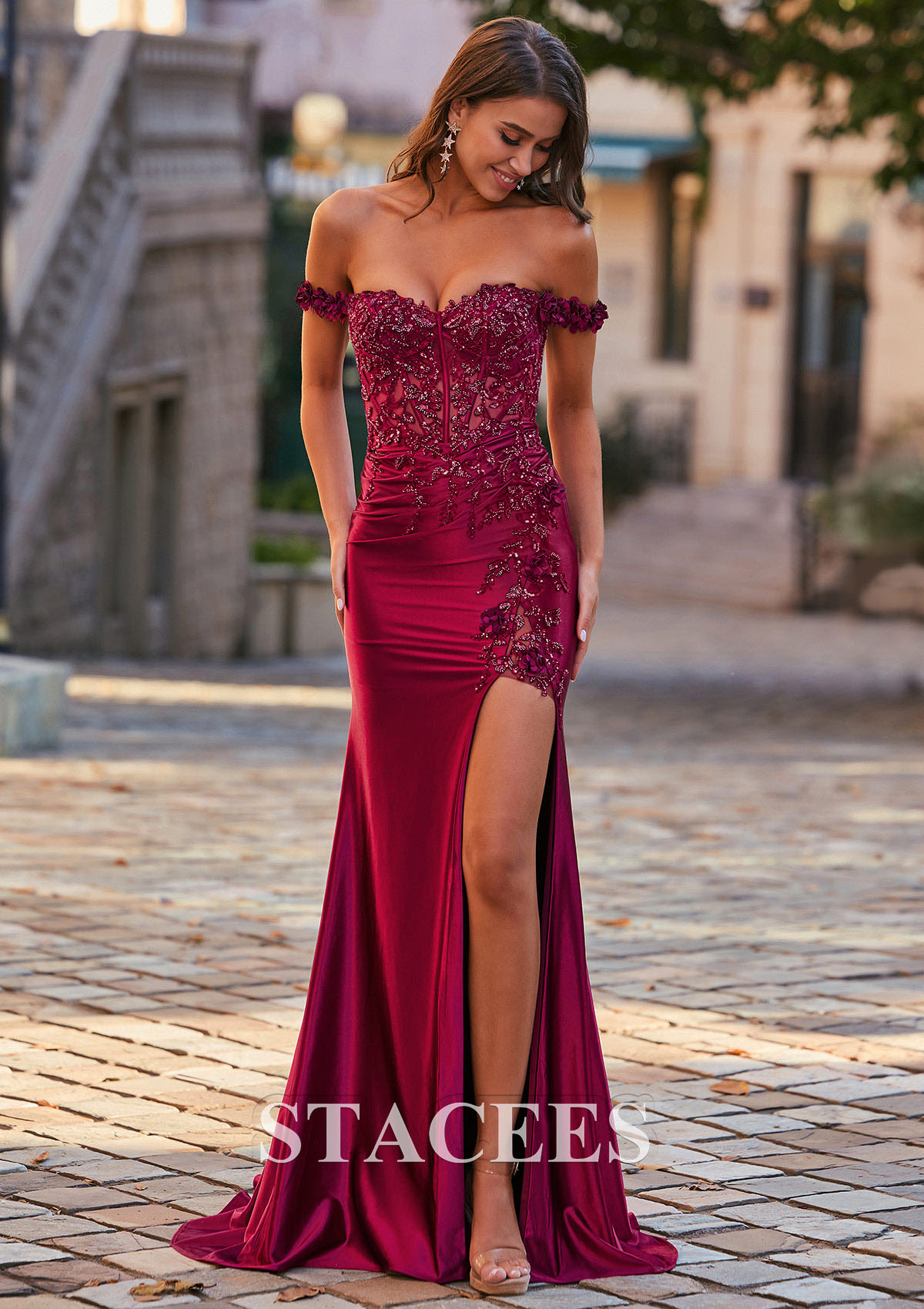 off the shoulder floral prom dress Off-the-Shoulder Pink Satin Prom Dress with Flowers PG474 US4 / Pink