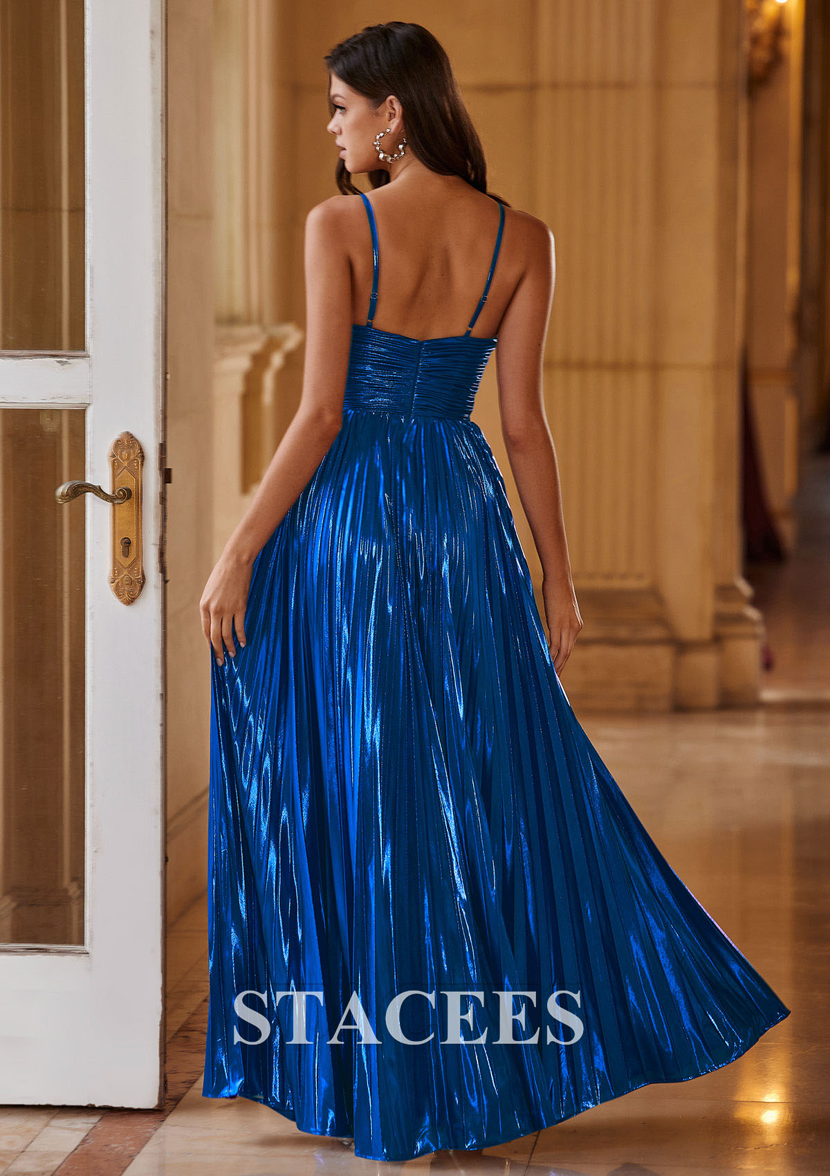 a-line sleeveless floor-length metallic prom dress with pleated split Stacees 2026 Prom Dress A-line Halter Metallic Slit