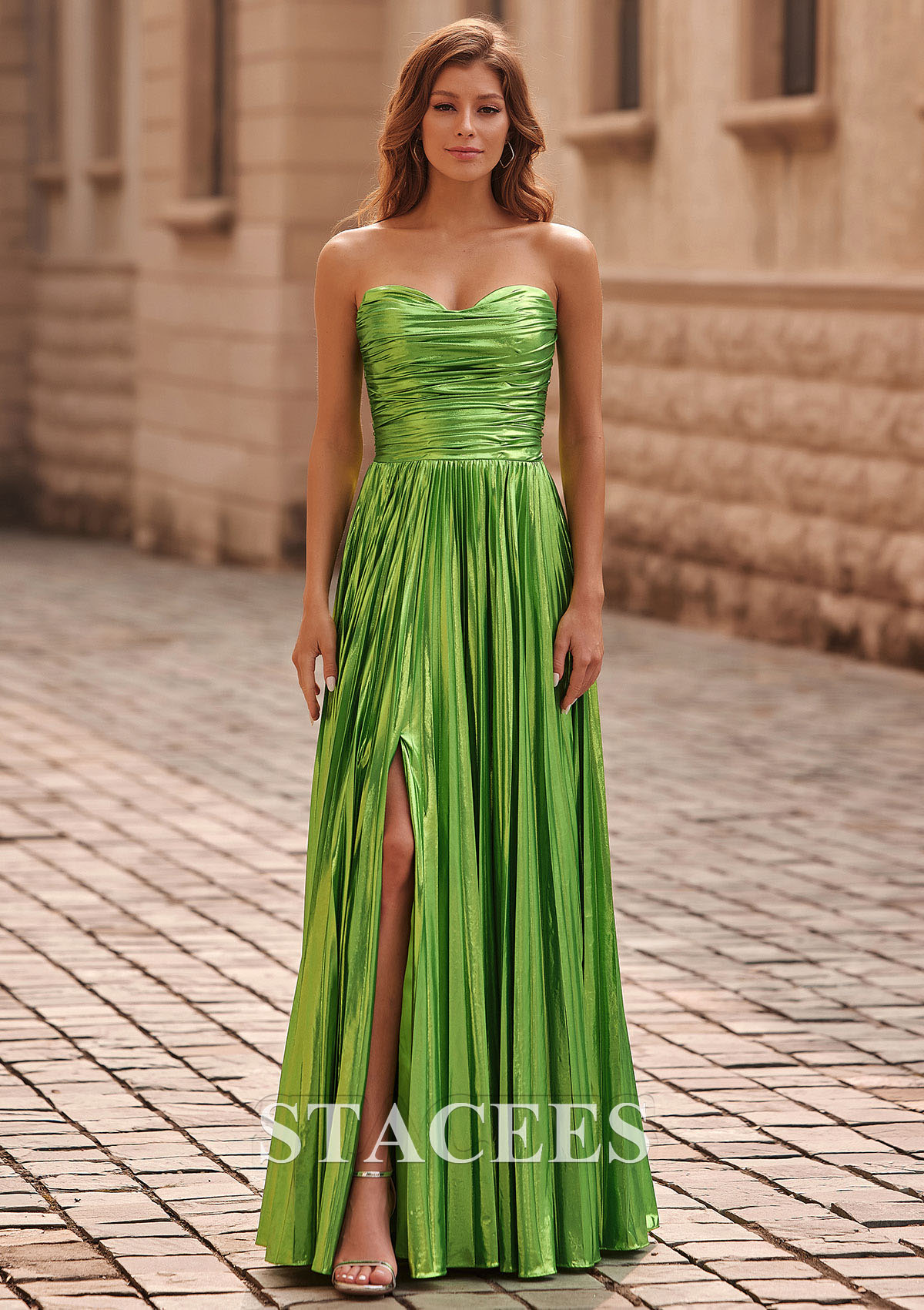 Verde Lima Vestido línea a cuello de corazón metálico hasta el suelo vestido de graduación - STACEES