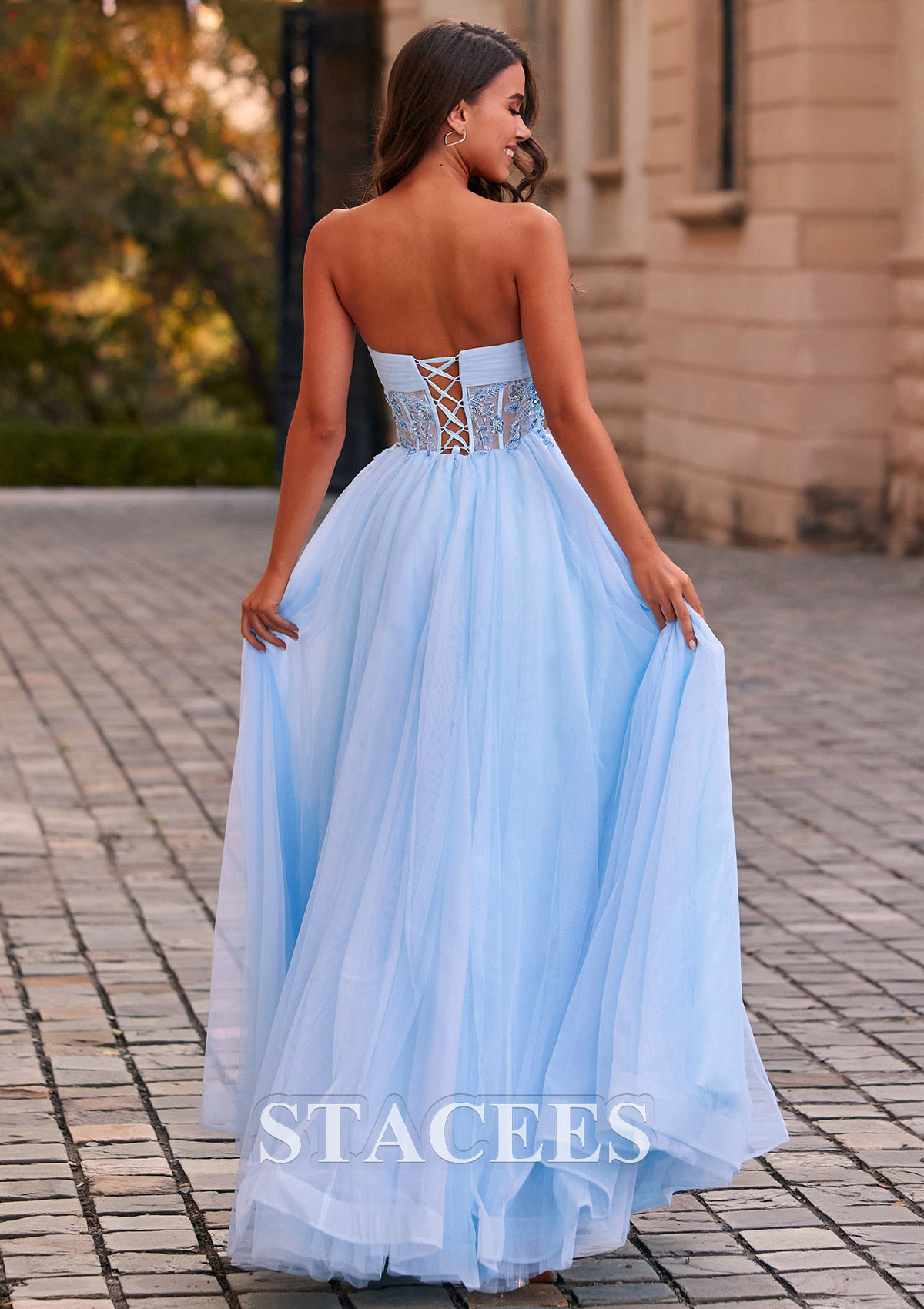 Sky Blue Vestido línea a cuello de corazón tul hasta el suelo vestido de graduación - STACEES