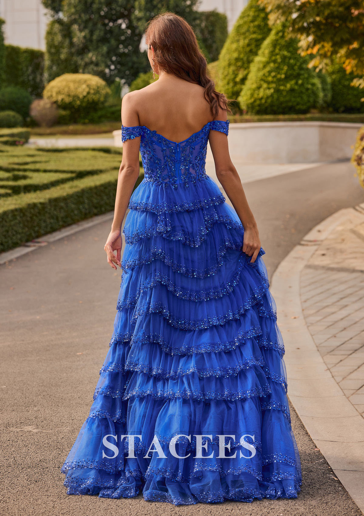 Ocean Blue Vestido línea a princesa hombros descubiertos tul cola de barrido vestido de graduación - STACEES