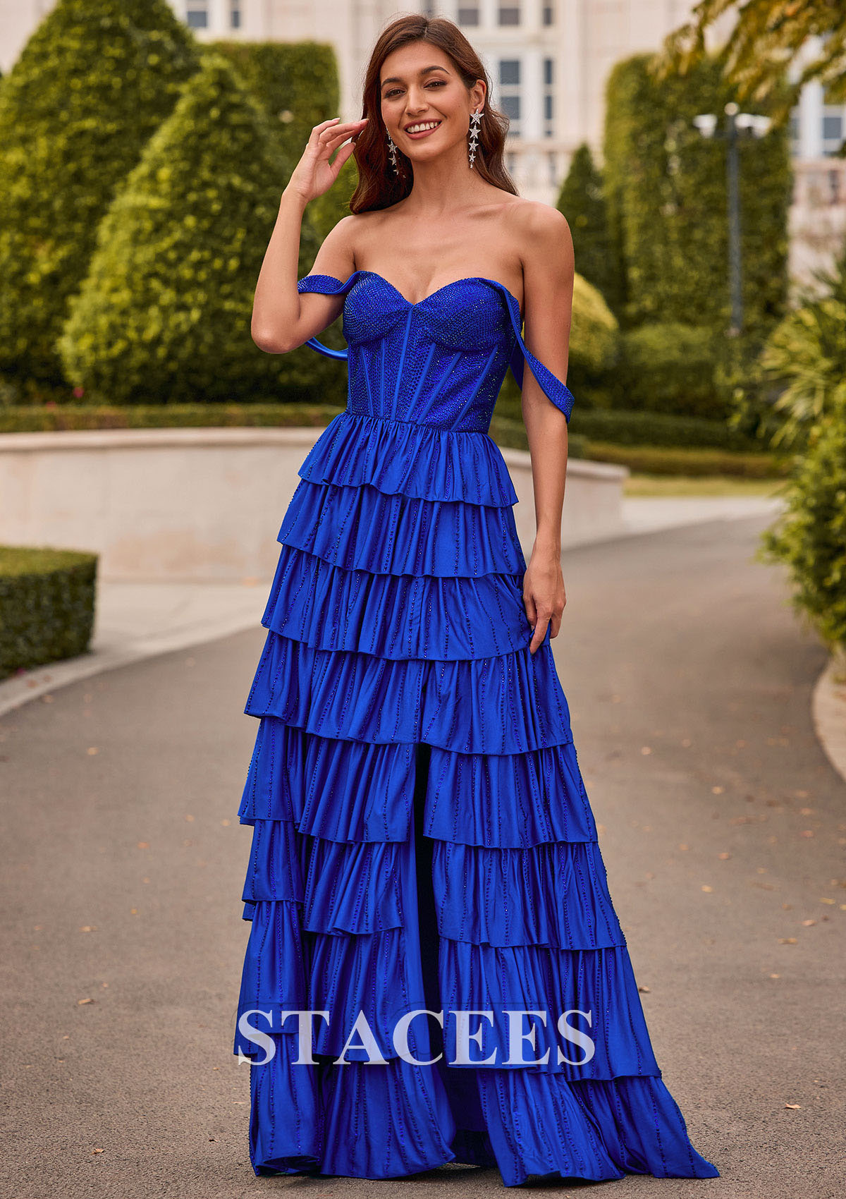 Azul Océano Vestido línea a hombros descubiertos jersey hasta el suelo vestido de graduación