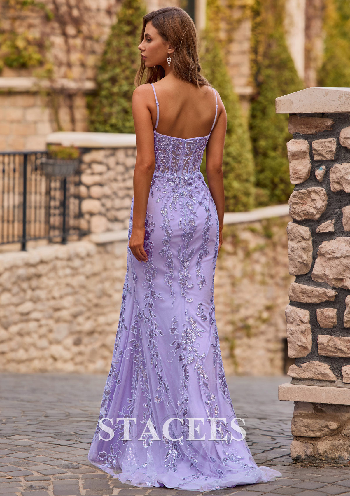 Lavender Mermaid V Neck Beaded Sheer Corset Prom Dress with Splt - STACEES